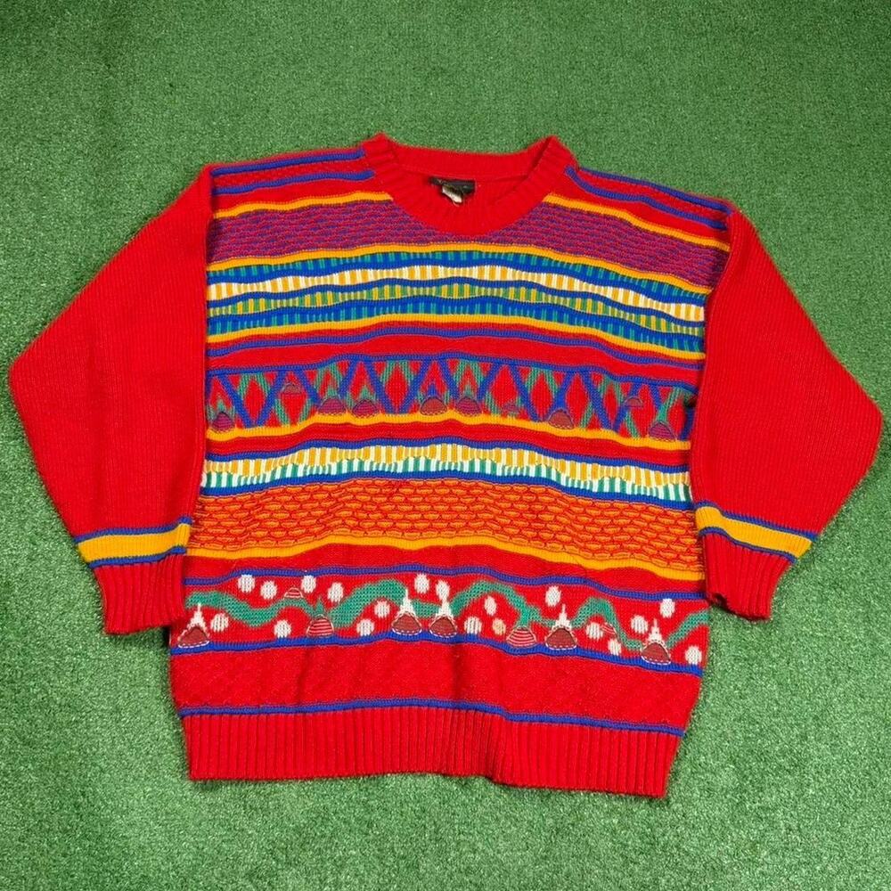 Essence Coogi Style Sweater Mens M Red Multicolor Knit 3D Textured Biggie 90s